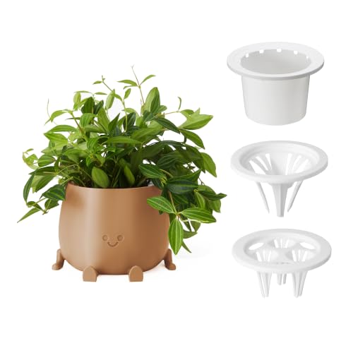 Image of TOPOLA 5.2 Inch Hydroponic Happy Face Planter with 3 Interchangeable Grow Baskets, Water Culture Pot for Pothos, Lucky Bamboo & Plant Propagation, Decorative Desktop Planter for Home & Office, Khaki