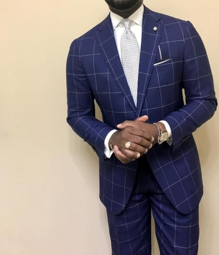 Wangyue Mens Plaid Suit Big and Tall 2 Piece Checked Suits Bussiness Wedding Suit Prom Tuxedos Suit Blazer Pant Set3