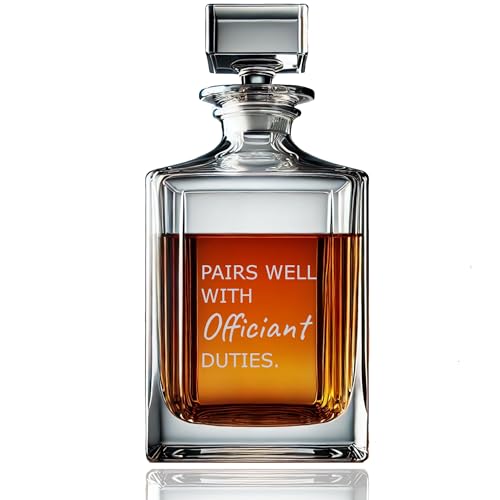 Pairs Well With Officiant Duties 26 fl Ounce Whiskey Decanter with Stopper Lid, Black Gift Box - Custom Laser Engraved Personalized
