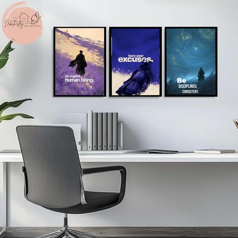 Image of DAKSHESTRY ARTWORKS Set of 3 Samurai Motivational Wall Art Prints - Warrior Discipline Quote Framed Posters for Bedroom Office Home Gym Decor (A4 8x12 Inch, Black Frame)