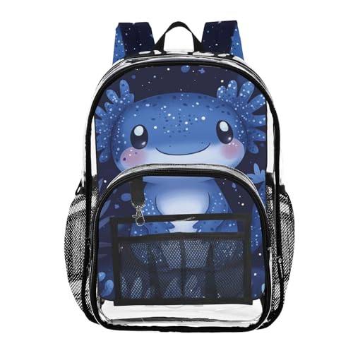 Kids PVC Clear Backpack Cartoon Blue Axolotl Waterweed Heavy Duty Multi-pockets Large Capacity Transparent See Through Bookbag for School Travel Sport Work
