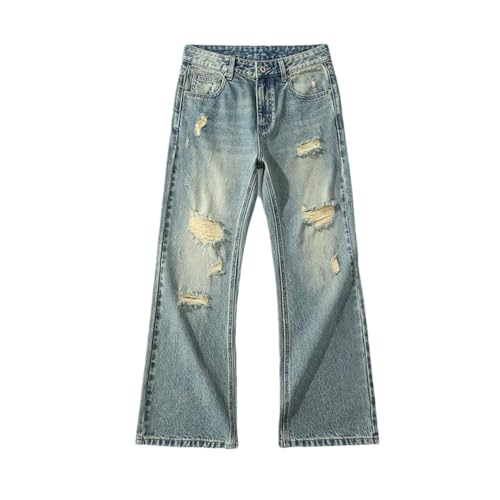 Men Streetwear Denim Pants Ripped Hollow Out Vintage Distressed Frayed Flared Jeans