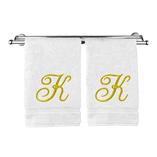 Bare Cotton Monogramme personnalisé Serviettes de Toilette Serviette d'invité de Mariage Cadeau d'anniversaire de fiançailles, Coton, Blanc, 2 Hand Towel-Gold Script Initial K Cover