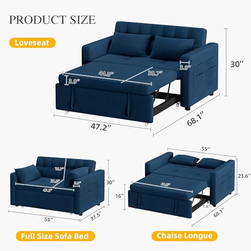 DWVO 3-in-1 Convertible Sofa Bed, 55" Sleeper Sofa with Pull-Out Bed, Cat-Scratch-Proof Fabric Futon Couch with Adjustable Backrest and Side Pocket, Loveseat for Living Room Apartment, Blue
