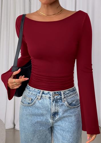 Image of PRETTYGARDEN Women Long Sleeve Shirt 2025 Crop Casual Boat Neck Bell Sleeve Ribbed Ruched Y2K Clothing