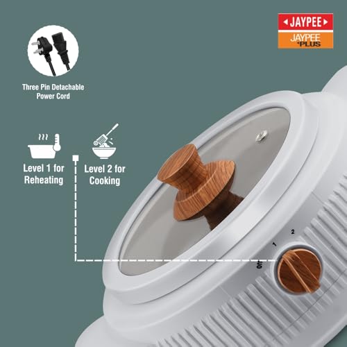 Image of Jaypee Plus Electric CookSmart Casserole with Teflon NonStick Coating Bowl for Reheating & Cooking, Serving Casserole Wooden Finish Lid & Regulator Knob Toughened Glass Lid, 1500 ml, Grey