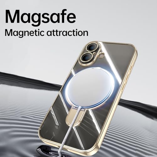 Image of Magnetic Ring Case for iPhone 16 Case Kickstand Compatible with MagSafe Built-in Camera Lens Protector Shockproof Phone Case for iPhone 16 6.1 inch - Gold