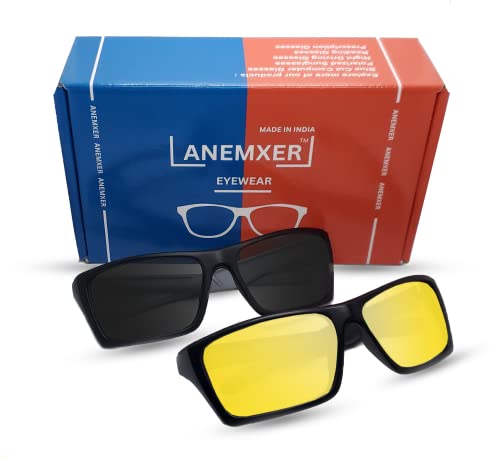 Anemxer® Combo of Night Driving HD Vision Glasses with Diamond Cut Design and Black Daytime UV400nm Sunglass for Men Women Anti Glare For Night Bike Riding Car driving - Image 2