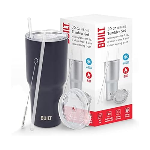 BUILT Double Walled Stainless Steel Tumbler Set with Replacement Lid, 2 Reusable Tritan Wire Straw Cleaning Brush in Gift Box, 30 Ounce, Inkwell
