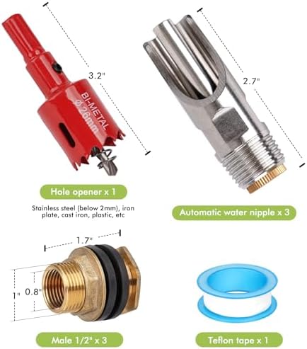 Pig Nipple Waterer for Barrel Kit Stainless Steel Pig Drinker Feeder with Brass Water Tank Connector Kit Automatic Pig Waterer System for Hog Goat Sows Piglets (3 Pig Drinker) - 4
