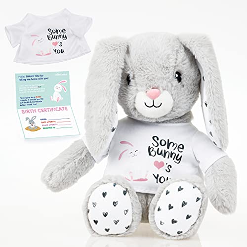 InFLOATables Stuffed Bunny - Gray Plush Bunny - 11-Inch Tall Bunny Plush - Cute Stuffed Rabbit with Original Some Bunny Loves You Shirt and Customizable Birth Certificate - Cuddly Birthday Gift (Gray)