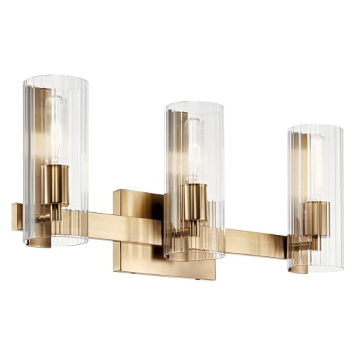 Image of Kichler Jemsa 3-Light Bathroom Vanity Light Fixture with Clear Fluted Glass in Champagne Bronze for Modern Bathroom or Powder Room Wall Lighting (9.75 x 22.75 in), 55168CPZ