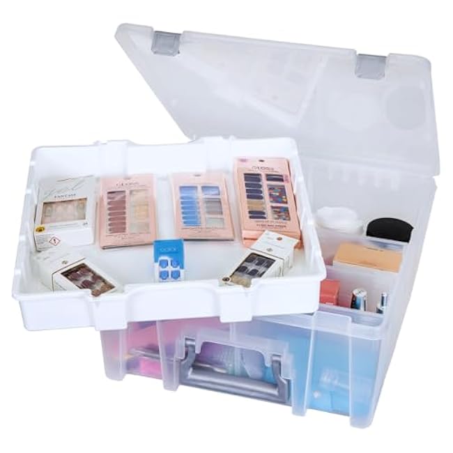 Best Kept 6899BK - Super Satchel Double Deep with Lift-Out Tray and Removable Dividers, Stackable Home Storage Organization Container, Clear with Sliver Latches and Handle