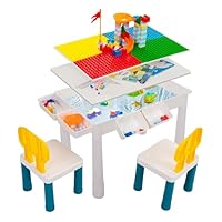LeFluffy 7-in-1 Activity Table Set,Baby Toddler Table and Chair Set,Building Block Rectangular Table and Chair Set with 100 pcs Play Blocks and 2 Chair,Water/Sand Table for Boys Girls 1-3 age
