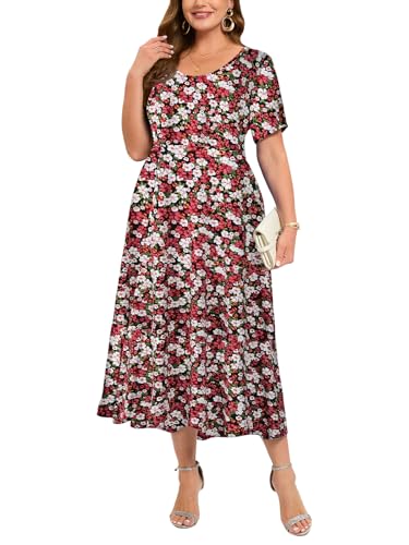 Image of LARACE Plus Size Dresses for Women Summer Casual Short Sleeve Long Dress Flowy Maxi Beach Dresses with Pockets L-6XL(A-Red51 5X)