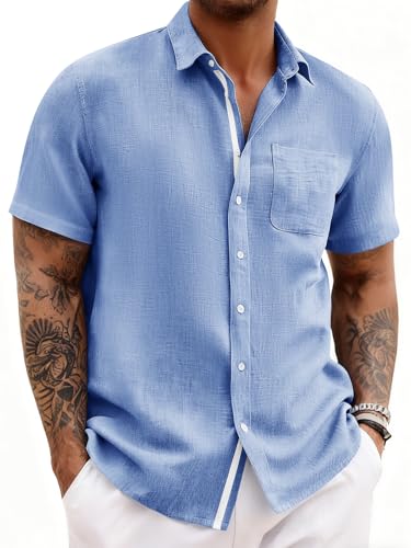 Runcati Mens Button Down Shirts Casual Short Sleeve Linen Shirt Summer Beach Wedding Tops with Pocket