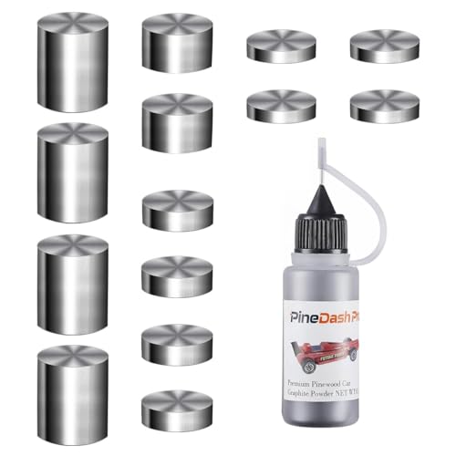 Pinewood Weights Car Kit-Derby Car Tungsten Weights 3.25OZ 14 Pieces 4 Sizes&0.5OZ Graphite Powder Lubricant- Cylindrical Weights-Graphite Lubricant for Derby car Pine Derby Car Wheels Axles Speed.