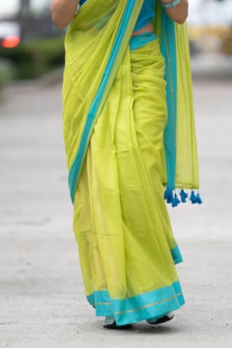 Image of Sudip callection Handloom Mul Cotton Saree for Women - Bottle Green with Pink Border Golden Zari Line & Tassel Pallu