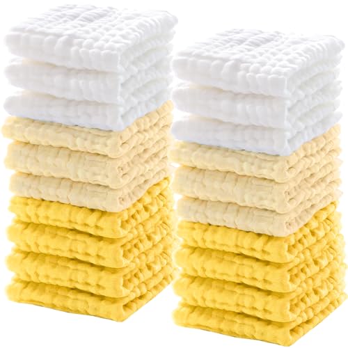 Image of Breling 20 Pcs Baby Muslin Washcloth 12 x 12 Inch 100% Cotton Soft and Absorbent Muslin Washcloth Burp Cloth Wipe Newborn Face Towel for Baby Boy Girl Sensitive Skin(White, Light Yellow, Yellow)