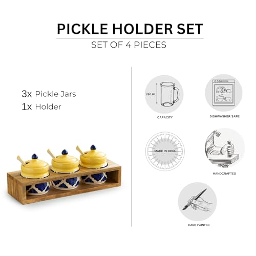 Image of ExclusiveLane 'Moroccan' Ceramic Pickle Jars For Dining Table With Spoon & Wooden Holder (Set of 3,280 ML) | For Kitchen Storage Pickle Holder Pickle Jars For Storage Aachar Jar Set,Multicolor