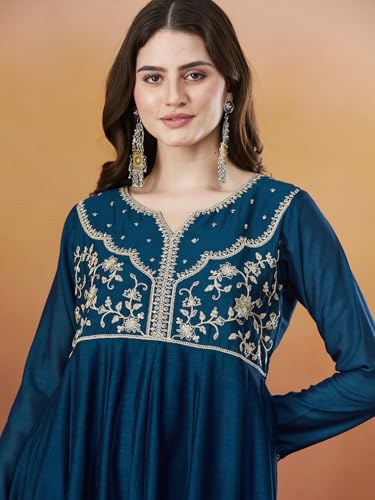 Image of MOKOSH Women's Silk Anarkali Kurta Pant with Dupatta | Anarkali Kurta Set | Embroidered | Ethnic Wear | Notch Neck Full Sleeve