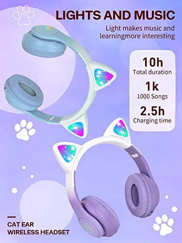 LAIBUY Bluetooth Kopfhörer Kinder, Kabellos Kinder Kopfhörer mit LED-licht Katzenohren und Mikrofon,HD Stereo Sound Faltbare Mädchen Kopfhörer für PC/Telefon/Lernen/Reisen – Bild 3