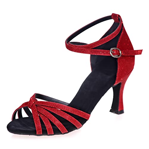 PALHERU Briller Bout Ouvert Chaussures De Danse Latine Talon Évasé Semelle en Daim Chaussures De Danse De Salon Modernes Latin Salsa Tango Sandales,Rouge,38 EU Cover