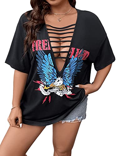 SOLY HUX Women's Plus Size Letter Graphic Tees Cut Out Deep V Neck Half Sleeve T Shirts Tops4