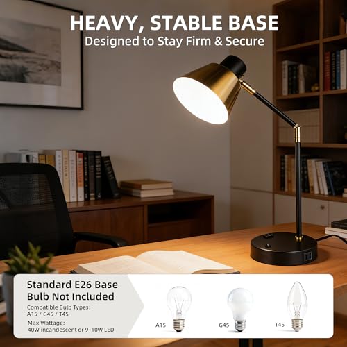 Image of Modern Desk Lamp with USB & AC Outlet,270 Swivel (Bulb Not Included) | Adjustable Industrial Table Lamp,E26 Socket for A15 /G45 /T45 Bulbs,Weighted Base,Bedside Lamp for Bedroom, Office, Living Room