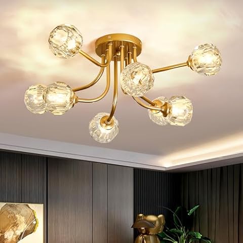 UOFUS Modern Crystal Sputnik Ceiling Light Fixture 8-Light Semi Flush Mount Ceiling Light G9 Base Gold Chandeliers for Dining Room Living Room Bedroom Kitchen Cover