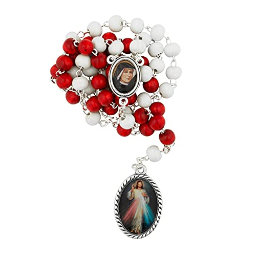 Divine Mercy Devotional Prayer Kit | Round Red and White Wooden Beads | Includes Instructions and Information | Great Catholic Gift for First Communion and Confirmation | Made in Italy