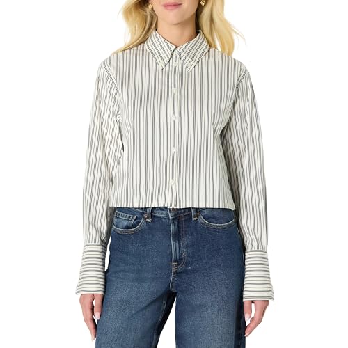 Amazon Essentials (La elección de Demi) Camisa Corta Moderna de Popelina Elástica de Algodón, Corte Extragrande y con Botones Mujer, Marfil Negro Rayas, L