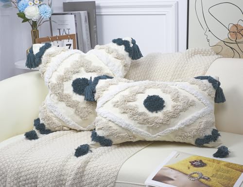 Nuyecy 4600-SHUANGLING-SHENLAN-1220 Decorative Farmhouse Throw Pillow Covers 12 X 20,Modern Neutral Couch Pillow Cover,Cotton Checked Pattern Boho Lumbar Pillow Case Cover thumb #1