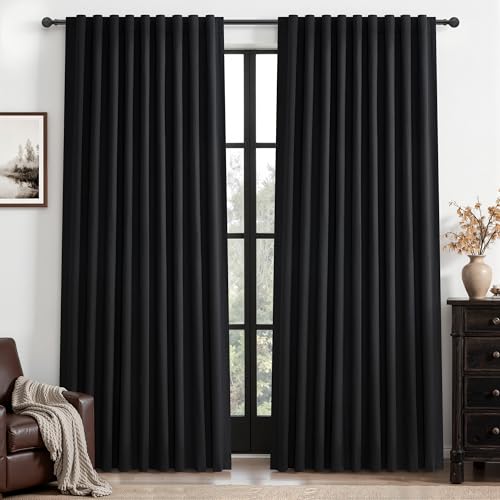 Black Out Curtains 70 Inches Extra Wide Luxury Linen Curtains 90 Inch Length for Living Room, Pleated Farmhouse Bedroom Thermal Heavy Drapes for Winter Thick Large Window 70"W x 90"L 2 Panels