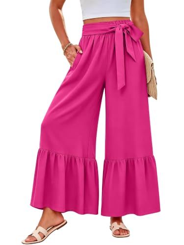 KISSMODA Womens Palazzo Pants High Waisted Trousers Travel/Vacation/Beach Pants with Pockets White...