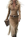 ORANDESIGNE Vintage Kleider Damen Revers Fransenkleid Wildleder-Optik Schmal Figurbetont Western Midikleid Cowgirl Outfit A Dunkelbraun XS