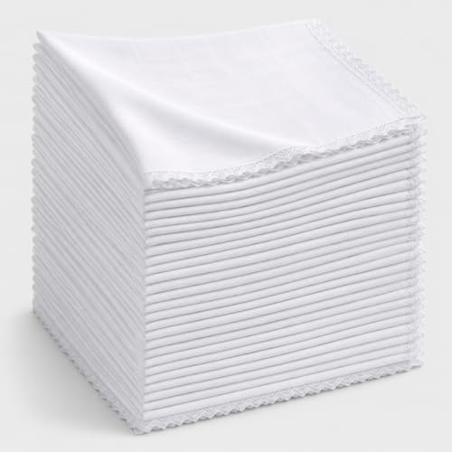 Image of FINGERCRAFT Cloth Napkins Set of 50, 20x20 Inch 100% Cotton Fabric Napkins with Decorative Trim Lace Edge, Mitered Corners, Reusable Washable Dinner Table Napkins for Weddings, Banquets (White)