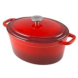 Zelancio 6 Quart Cast Iron Enamel Covered Oval Dutch Oven Cooking Dish with Skillet Lid (Cayenne Red)