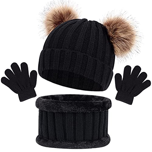 Bonnet Chaud écharpe Gants Ensemble D'Enfant Trois Pièces, Enfant Hiver Tricoté Tour de Cou Chaud Bébé Gants Bonnet, Hiver Accessoires Ensemble Set de 3 Pièces, pour Fille Garçon 1-6 Ans (Noir) Cover