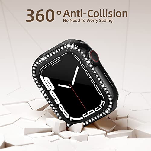 Recoppa コンパチブル Apple Watch ケース 45mm キラキラ アップルウォッチカバー 防水ケース Series 8 7に対応 ガラスフィルム付き 一体型 IP68防水仕様 ダイヤモンド 光沢感 オシャレ レディース ブラック 45mm