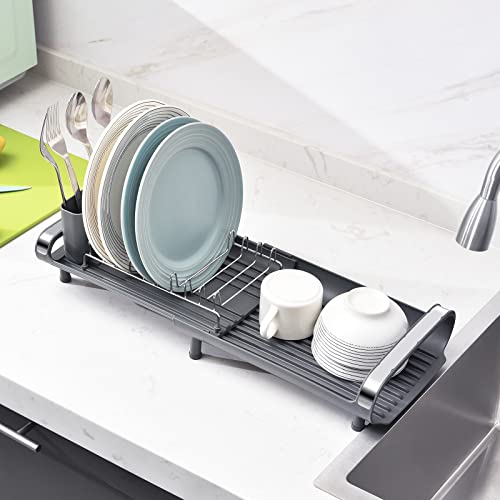 TOOLF Small Dish Drying Rack, Mini Expandable Compact Dish Rack, Slim Extendable Stainless Steel Dish Drainer for Kitchen Plate Storage, Space Saving Dish Strainer in Sink or on Home Countertop, Gray - Image 3