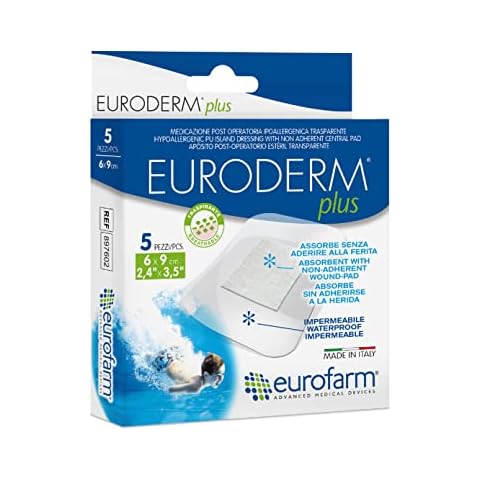 EURODERM Plus 2 3/8 x 2 1/2 Inches, Clear Polyurethane Adhesive Island Wound Dressing - Waterproof, Bacteria Proof, Sterile, Breathable, with an Absorbent, Non-stick Central Pad – 5 Pcs Cover