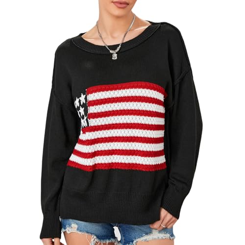 Image of Women American Flag Sweater Loose Vintage USA Sweatshirt Long Sleeve Crewneck Hollow Out 4th of July Jumper