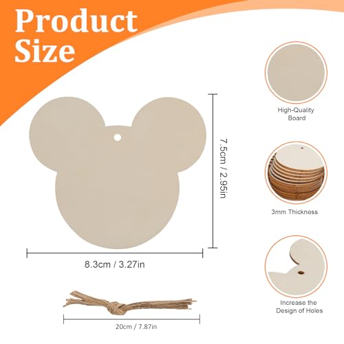 Tmflexe Mouse Head 30Pcs Unfinished Wooden Gift Ornaments DIY Craft Birthday Present-30Pack Paintable Blank Natural Mouse Head Cutouts Hanging Wood Slices for Kids Art Crafts DIY Gift Party Supplies - Thumbnail 2
