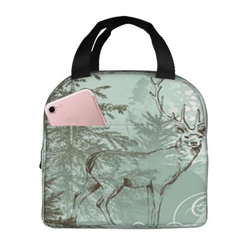 断熱ランチバッグ、大容量、防水、熱漏れ防止、スタイリッシュで丈夫、仕事、学校、アウトドア活動に便利、男女兼用 (鹿、クリスマス、冬、雪の結晶、漫画、ドット絵、モミの森)