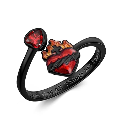 PARYFO Bague en forme de cœur en argent sterling S925 - Bague ouverte réglable en forme de cœur - Zircon rouge avec croix et flamme - Pour femmes et hommes...