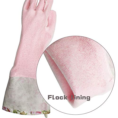 KINGFINGER Rubber Latex Waterproof Dishwashing Gloves,Long Cuff and Flock Lining Household Cleaning Gloves 2 Pair Medium