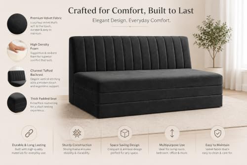 Image of Three Seater Sofa Bed, Velvet Fabric Foldable Sofa Cum Bed with Soft Foam Cushioning, Convertible Floor Couch for Living Room, Guest Room & Home Use (Black, Pre-Assembled)