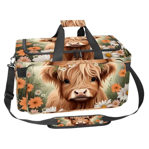 Travel Duffel Bags for Men and Women, Waterproof Weekender Overnight Gym Bags, Highland Cow Daisies
