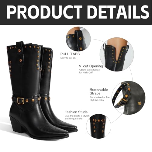 Womens Cowboy Cowgirl Boots Wide Mid Calf Square Toe Riding Boots Block Chunky Heel Low Heel Distressed Studded Boots4